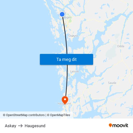 Askøy to Haugesund map