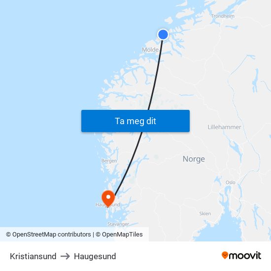Kristiansund to Haugesund map