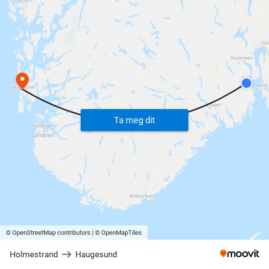 Holmestrand to Haugesund map