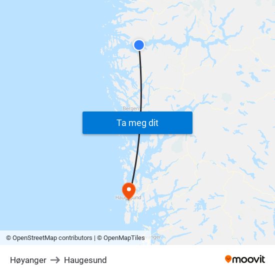 Høyanger to Haugesund map