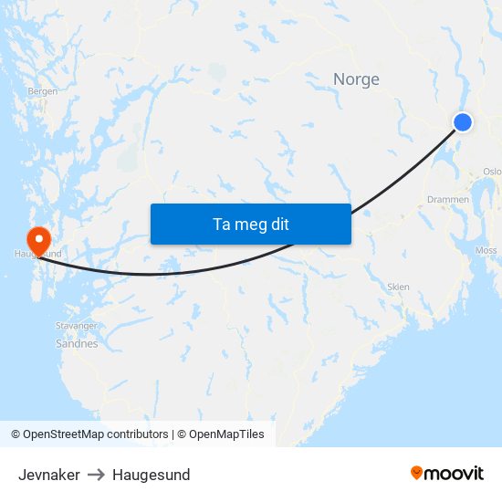 Jevnaker to Haugesund map