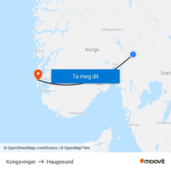 Kongsvinger to Haugesund map