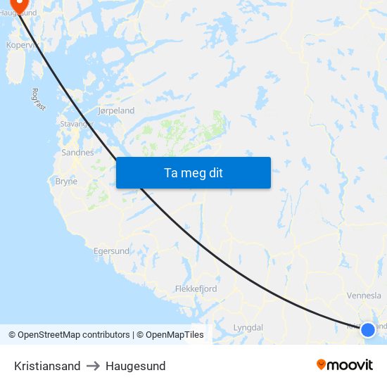Kristiansand to Haugesund map