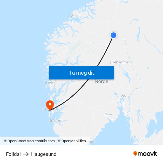 Folldal to Haugesund map