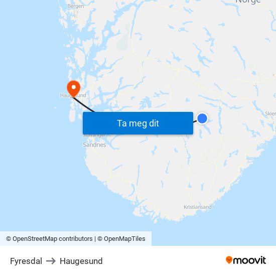 Fyresdal to Haugesund map