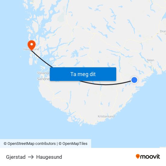 Gjerstad to Haugesund map