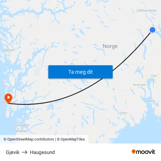 Gjøvik to Haugesund map