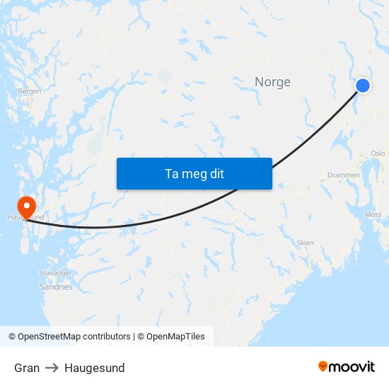 Gran to Haugesund map