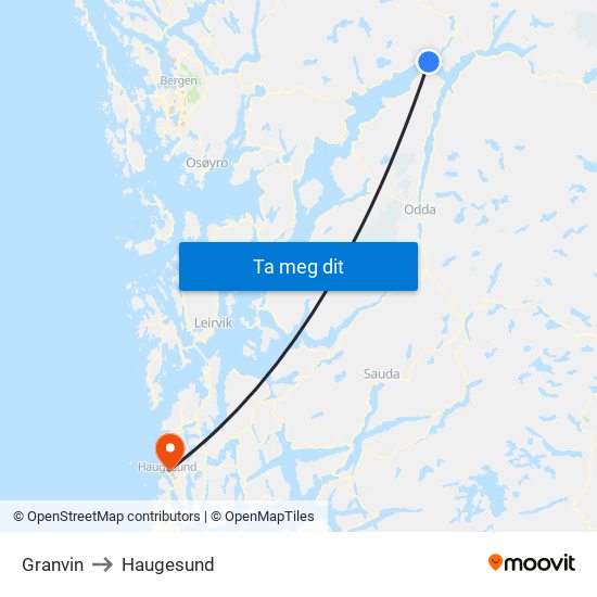 Granvin to Haugesund map