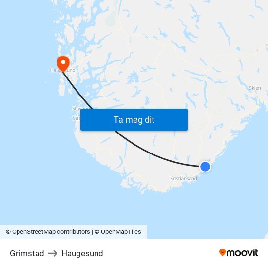 Grimstad to Haugesund map