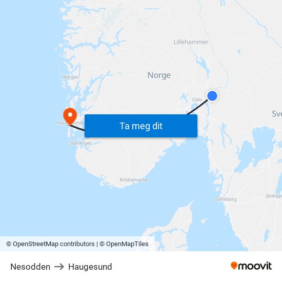 Nesodden to Haugesund map
