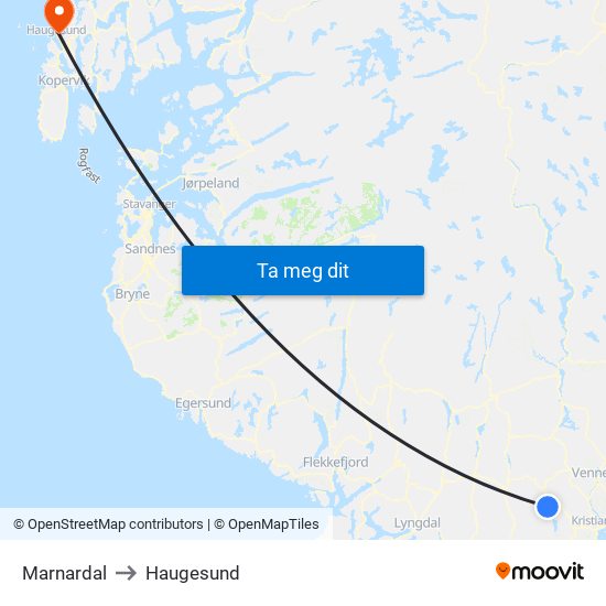 Marnardal to Haugesund map