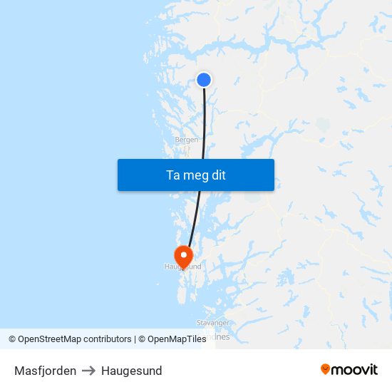 Masfjorden to Haugesund map
