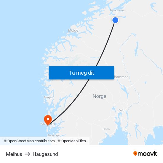Melhus to Haugesund map