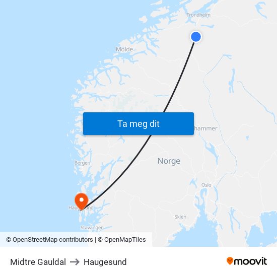 Midtre Gauldal to Haugesund map