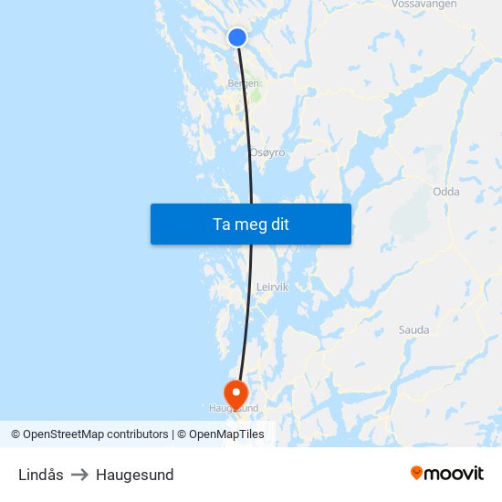 Lindås to Haugesund map