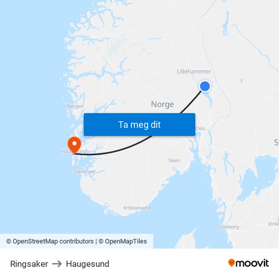 Ringsaker to Haugesund map