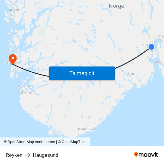 Røyken to Haugesund map