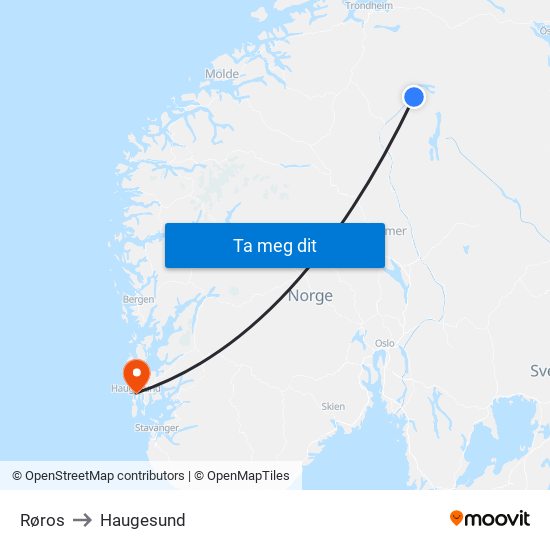 Røros to Haugesund map