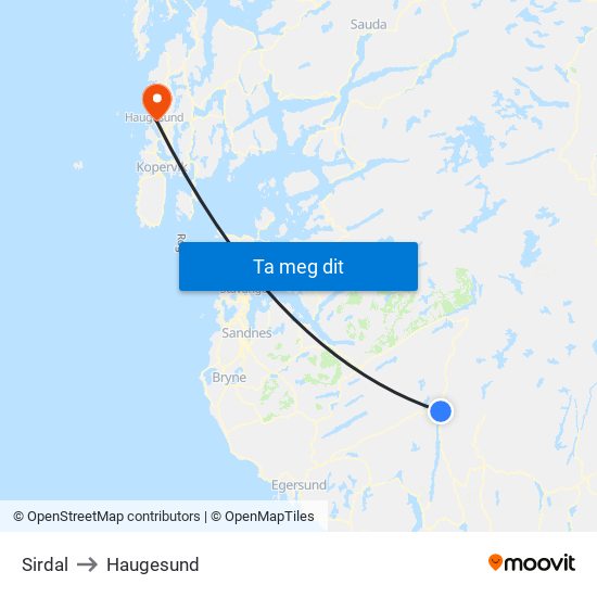 Sirdal to Haugesund map