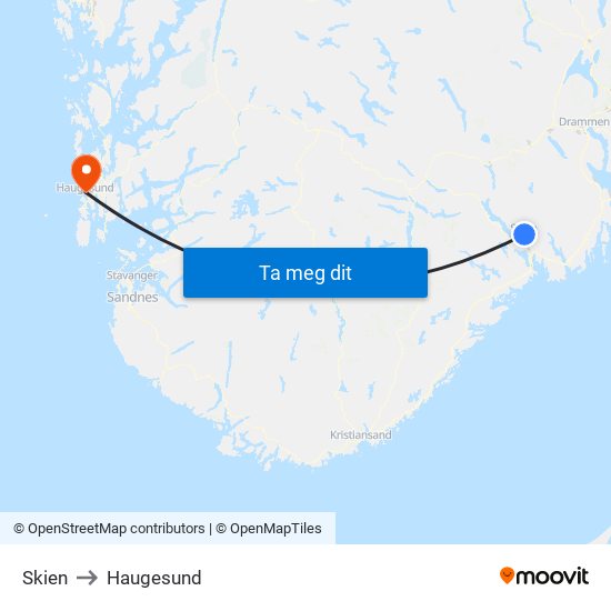 Skien to Haugesund map