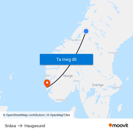 Snåsa to Haugesund map