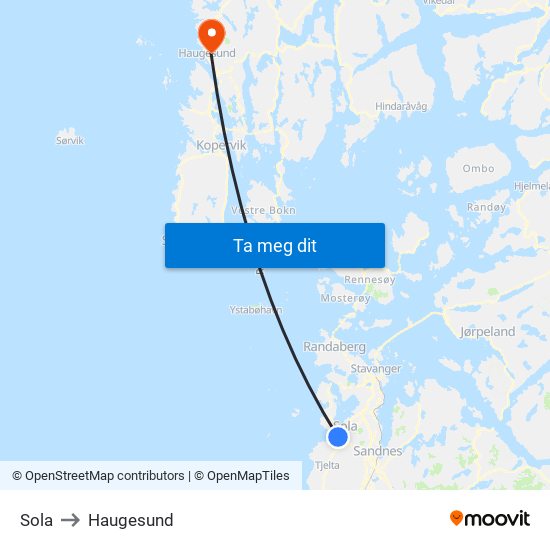 Sola to Haugesund map