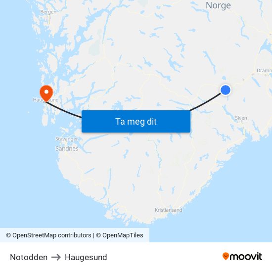 Notodden to Haugesund map