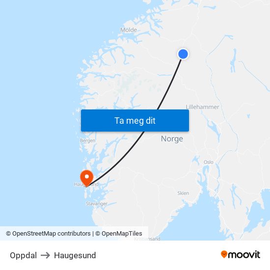 Oppdal to Haugesund map