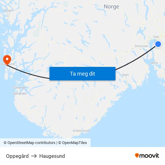 Oppegård to Haugesund map