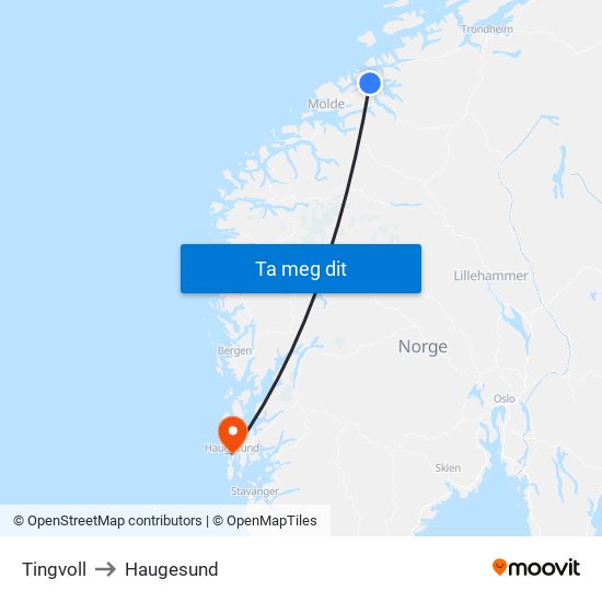 Tingvoll to Haugesund map