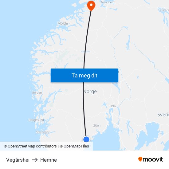 Vegårshei to Hemne map