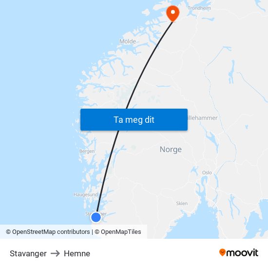 Stavanger to Hemne map