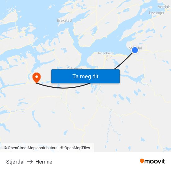 Stjørdal to Hemne map