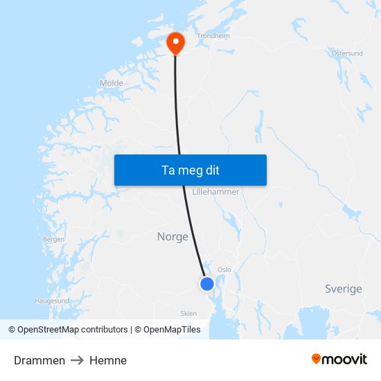 Drammen to Hemne map