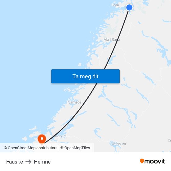 Fauske to Hemne map