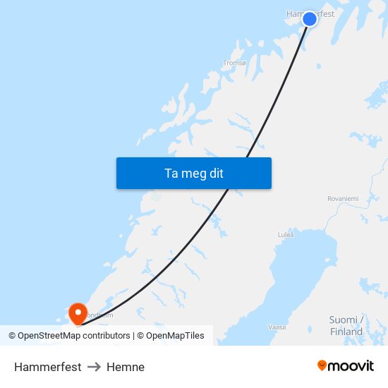 Hammerfest to Hemne map