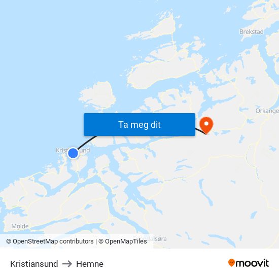 Kristiansund to Hemne map