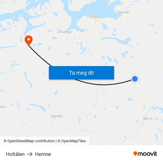 Holtålen to Hemne map