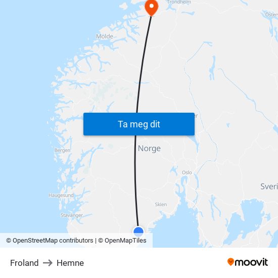 Froland to Hemne map