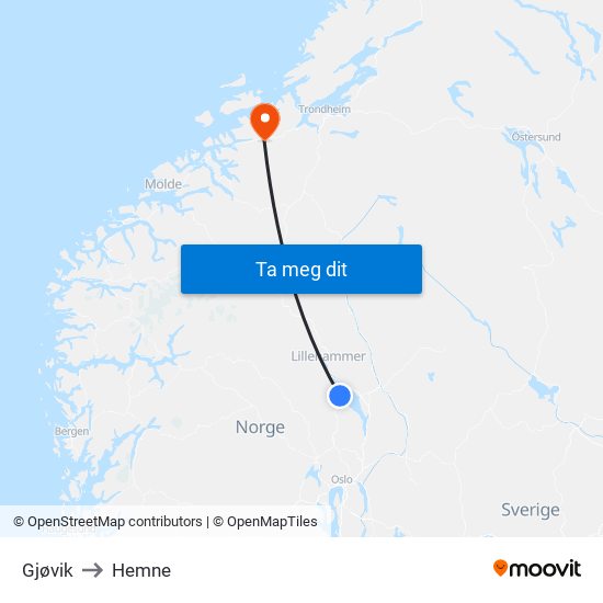 Gjøvik to Hemne map
