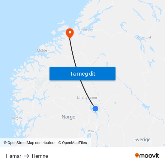 Hamar to Hemne map