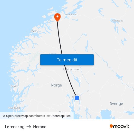 Lørenskog to Hemne map