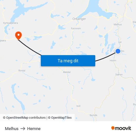 Melhus to Hemne map