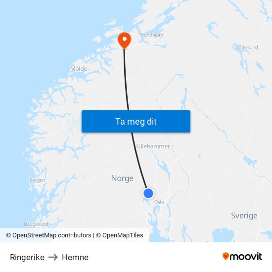 Ringerike to Hemne map