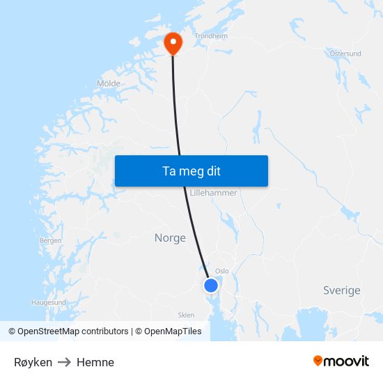 Røyken to Hemne map