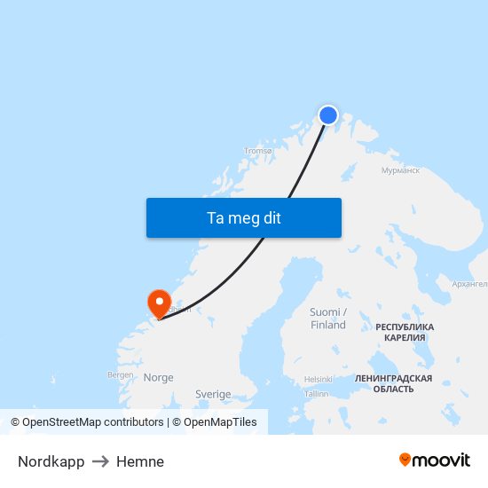Nordkapp to Hemne map