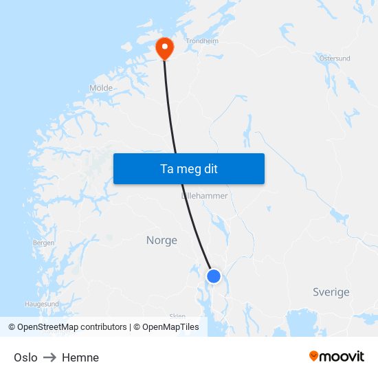 Oslo to Hemne map