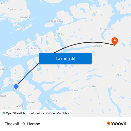 Tingvoll to Hemne map