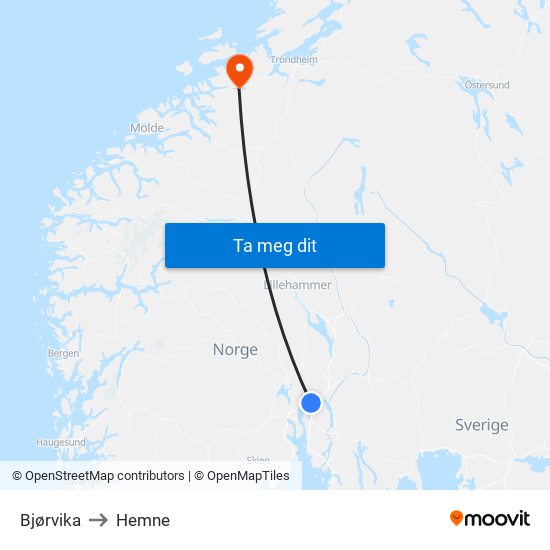 Bjørvika to Hemne map